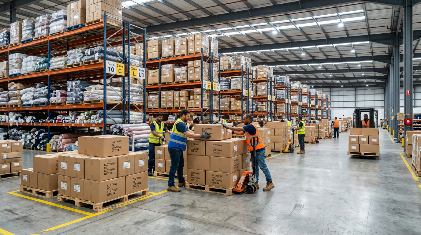 Bodega de distribución mayorista textil con trabajadores y estibadores