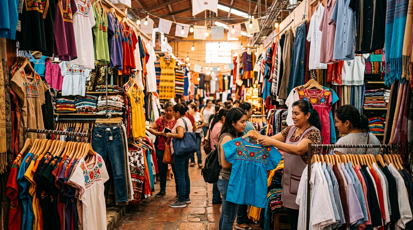 Comerciantes y tiendas de ropa en mercado popular mexicano