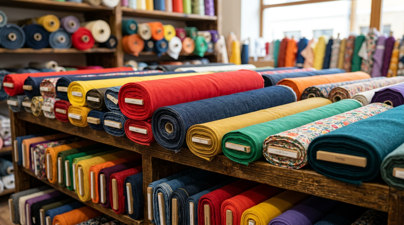 Rollos y boltas de tela en variedad de colores y materiales